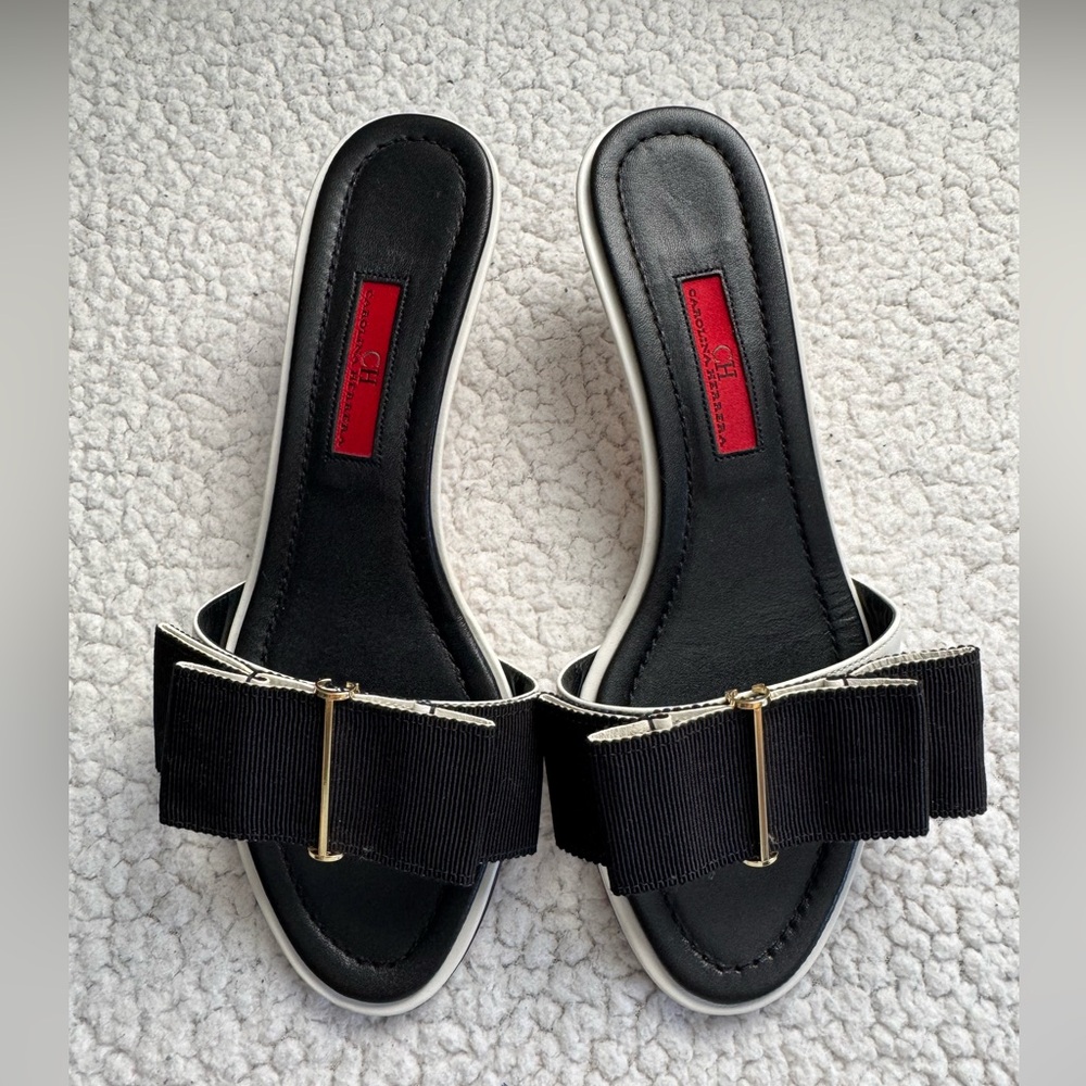 NWOB Carolina Herrera Lacito Insignia Bow Kitten Heel Slides Size 37 (US 7)
